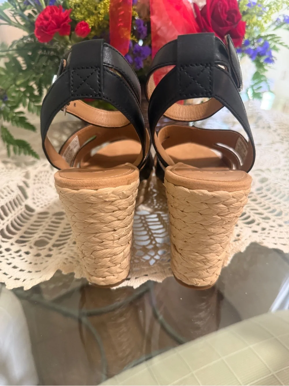 UGG Black Leather Braided Espadrille Wedges